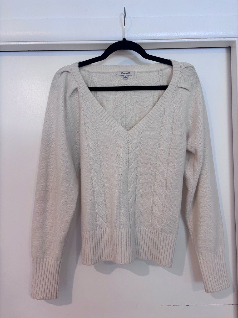 Ivory White Cable Knit V-Neck Sweater by Madewell